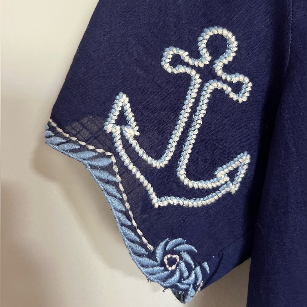 Anthropologie Maeve Henrietta Buttondown Surf Shirt Embroidered Anchor - Picture 7 of 11